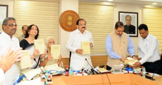 The Union Minister for Urban Development, Housing & Urban Poverty Alleviation and Information & Broadcasting, Shri M. Venkaiah Naidu releasing the heritage book Romain Rolland and Gandhi Correspondence, to mark the 100th year of Champaran Satyagraha, in New Delhi on April 10, 2017.  	The Principal Director General (M&C), Press Information Bureau, Shri A.P. Frank Noronha and other dignitaries are also seen.