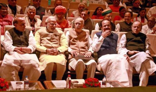 NEW DELHI, NOV 22 (UNI) Prime Minister Narendra Modi with senior party leaders L K Advani Rajnath Singh Venkaiah Naidu and others attending the BJP Parliamentary Party meeting at Parliament house library in New Delhi on Tuesday. UNI PHOTO-10U
