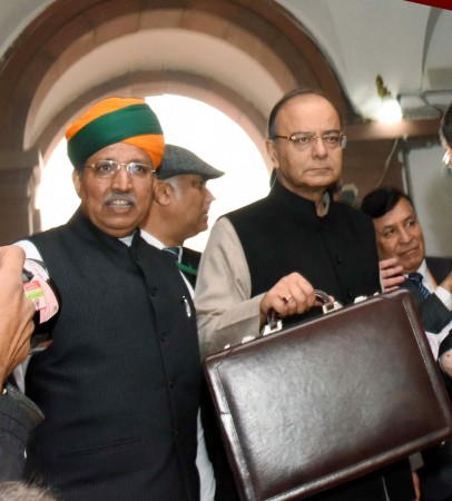The Union Minister for Finance and Corporate Affairs, Shri Arun Jaitley along with the Minister of State for Finance and Corporate Affairs, Shri Arjun Ram Meghwal arrives at Parliament House to present the General Budget 2017-18, in New Delhi on February 01, 2017.